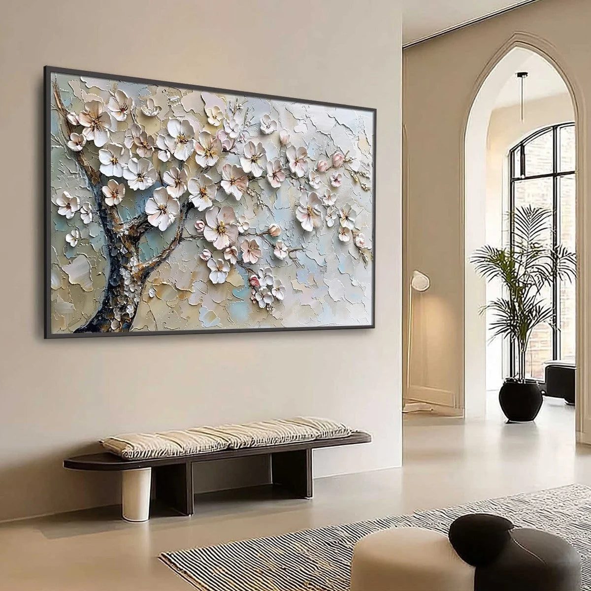 BLOSSOM SERENADE: Textured Impasto Cherry Blossom Painting | Abstract mood, soft natural light studio shot