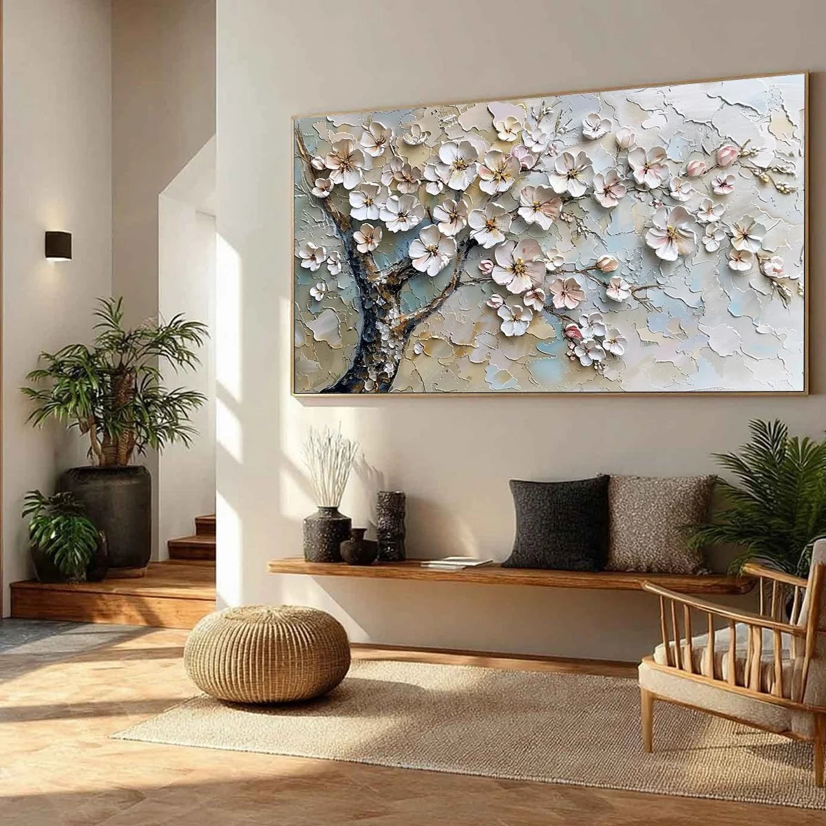 BLOSSOM SERENADE: Textured Impasto Cherry Blossom Painting | beige palette, original Hand-painted on premium stretched canvas with artist-grade oils; rich layered surface creates a vibrant, romanti...