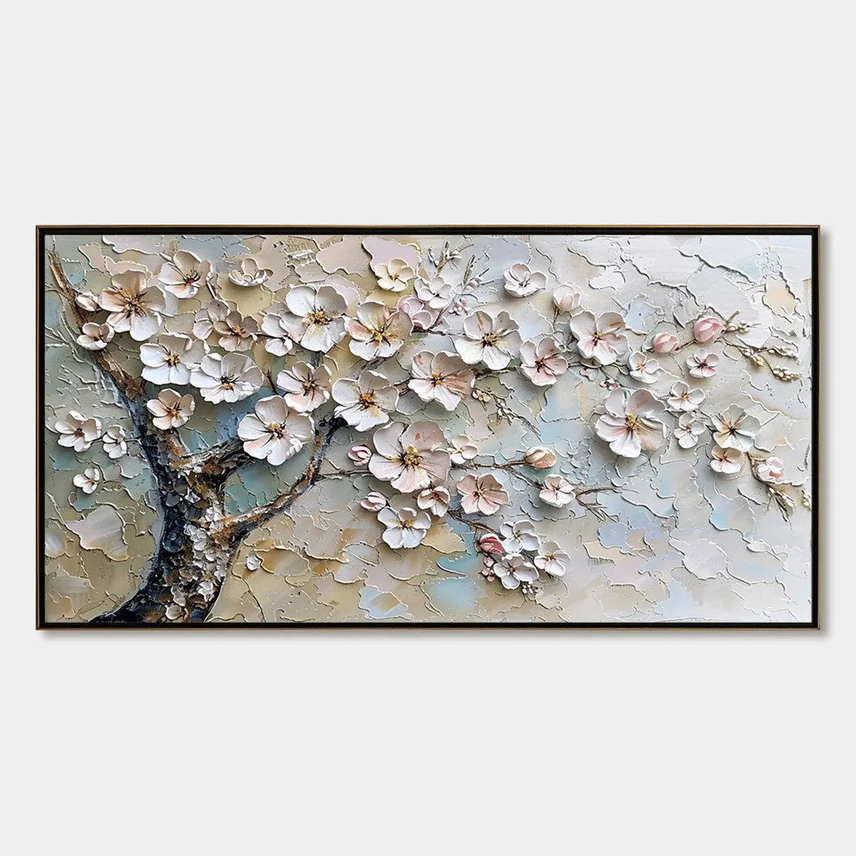 BLOSSOM SERENADE: Textured Impasto Cherry Blossom Painting | hanging in Textured impasto cherry blossom oil painting in soft pink, white, and green tones; thick palette-knife brushwork captures del...