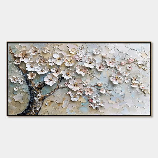 BLOSSOM SERENADE: Textured Impasto Cherry Blossom Painting | hanging in Textured impasto cherry blossom oil painting in soft pink, white, and green tones; thick palette-knife brushwork captures del...