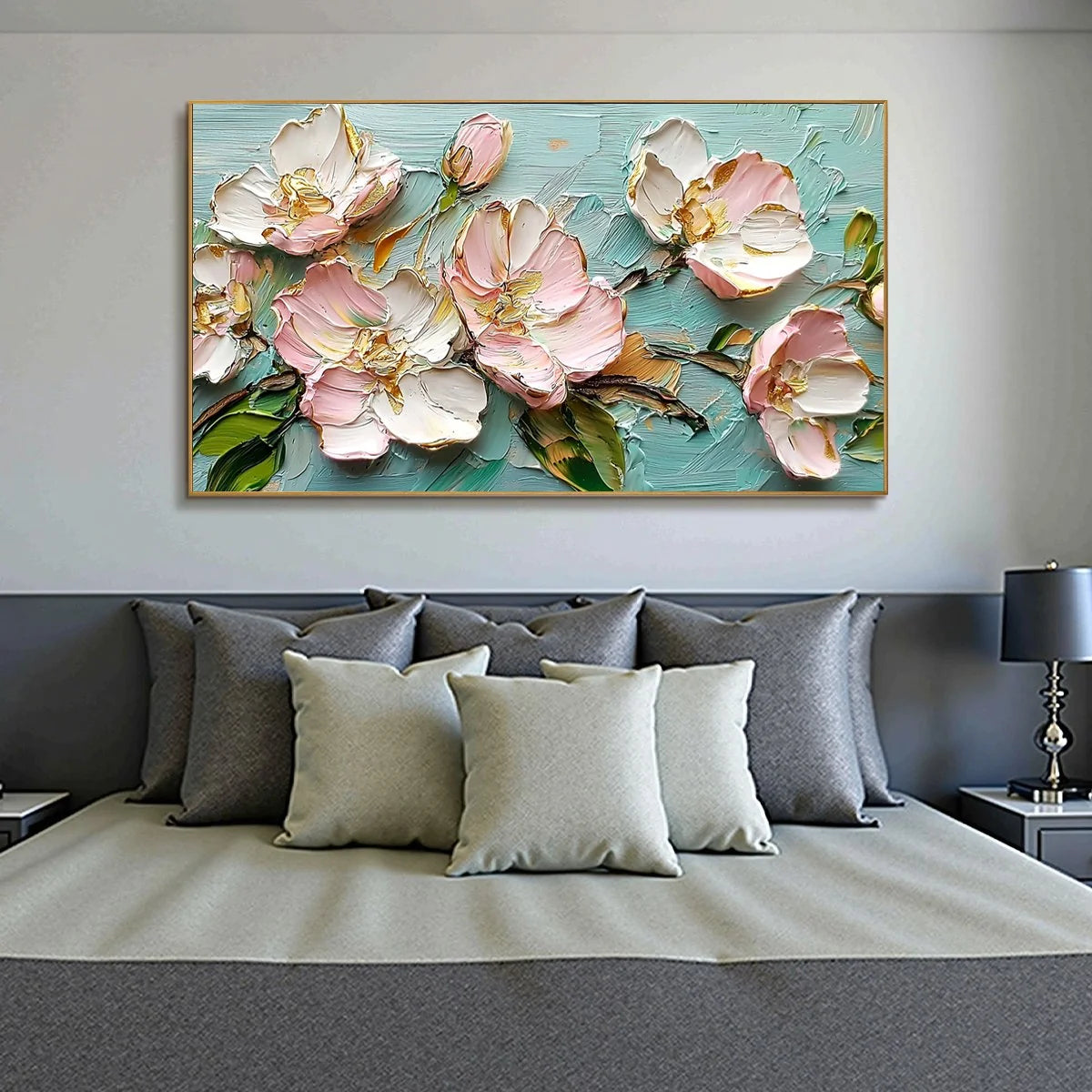BLOSSOM SERENADE: Textured Impasto Floral Oil Painting | gold frame stretched on neutral wall
