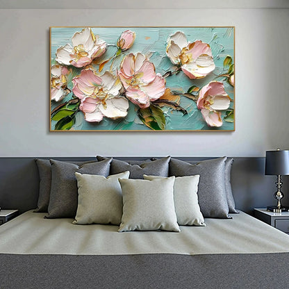 BLOSSOM SERENADE: Textured Impasto Floral Oil Painting | gold frame stretched on neutral wall