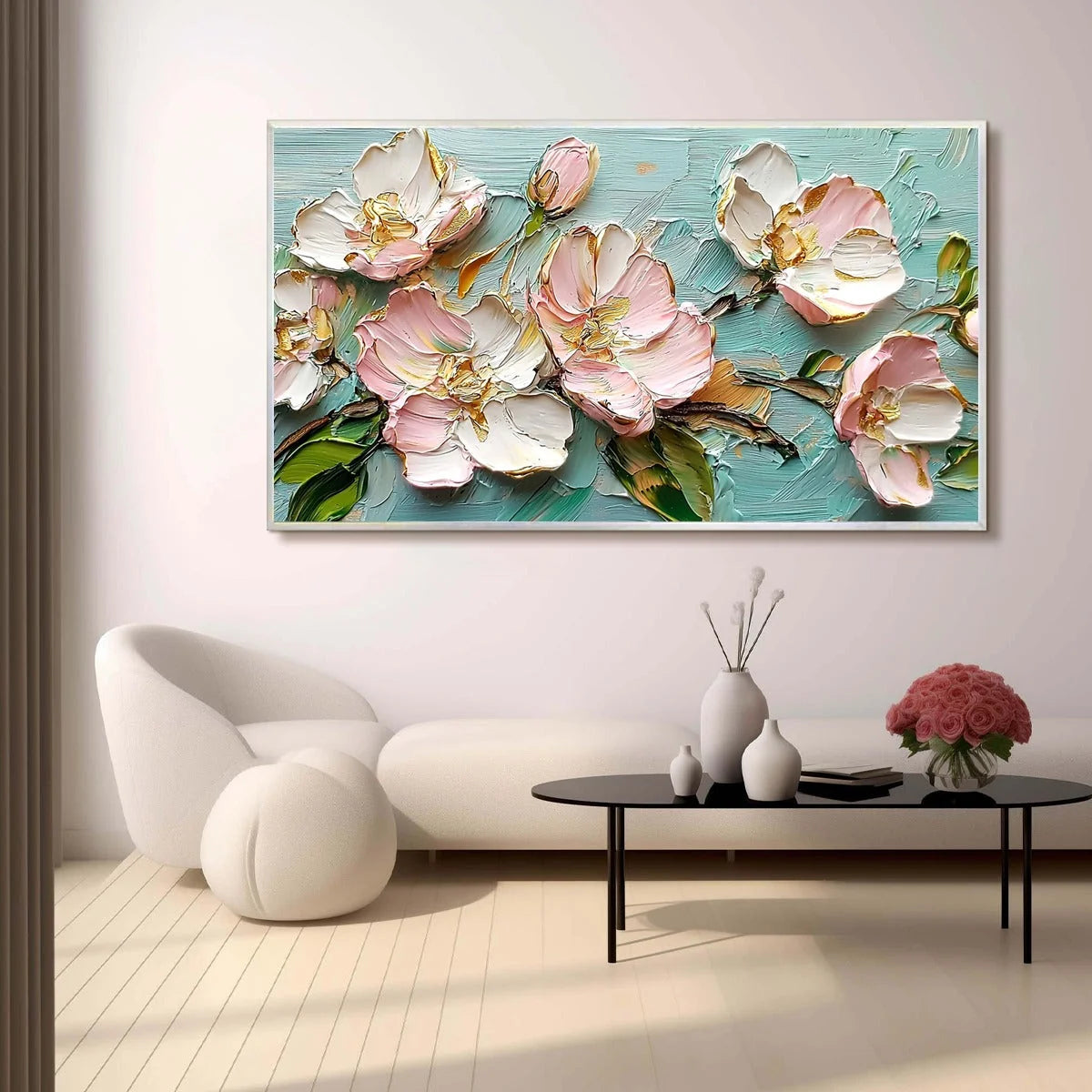 BLOSSOM SERENADE: Textured Impasto Floral Oil Painting | Abstract mood, soft natural light studio shot