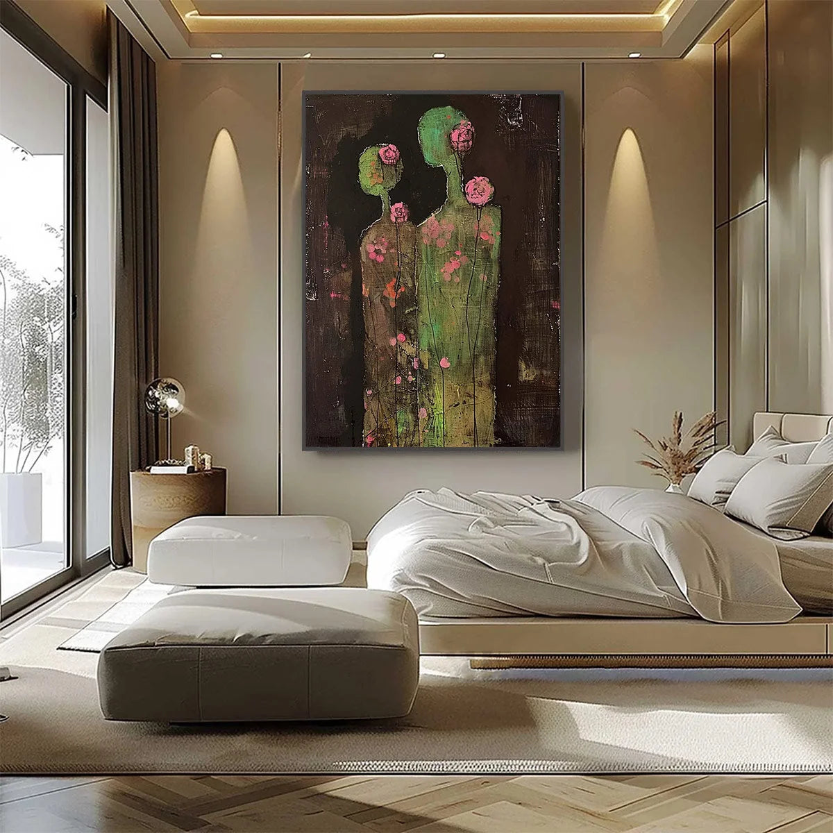 BLOSSOM SHADOWS: Figurative Floral Portrait Painting | rectangular format, hand-painted canvas edge