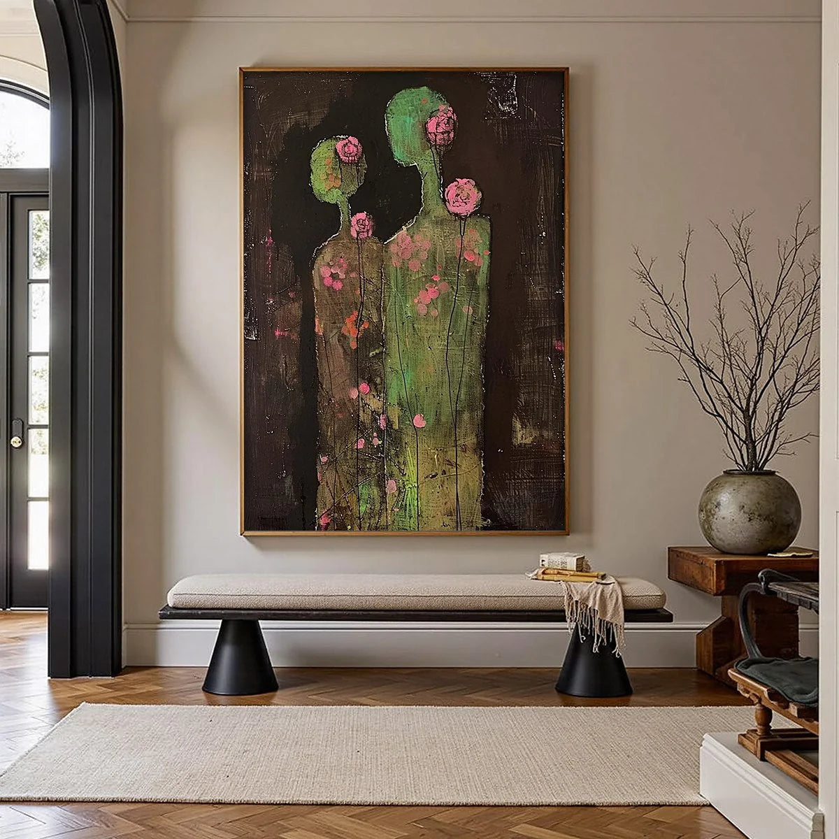 BLOSSOM SHADOWS: Figurative Floral Portrait Painting | gold frame stretched on neutral wall