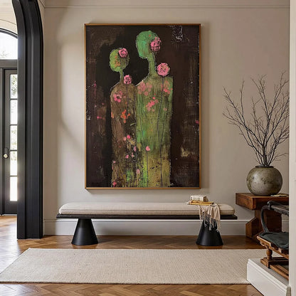 BLOSSOM SHADOWS: Figurative Floral Portrait Painting | gold frame stretched on neutral wall