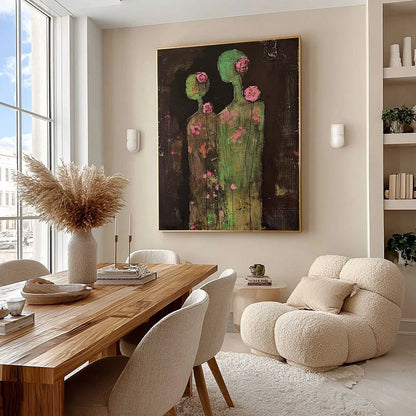 BLOSSOM SHADOWS: Figurative Floral Portrait Painting | black frame version on white wall