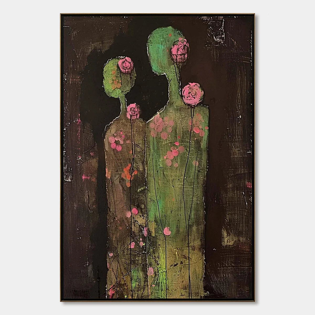 BLOSSOM SHADOWS: Figurative Floral Portrait Painting | hanging in Figurative floral portrait oil painting with soft pink and white blossoms against shadowed, atmospheric tones; painterly and emotiv...