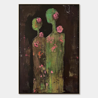 BLOSSOM SHADOWS: Figurative Floral Portrait Painting | hanging in Figurative floral portrait oil painting with soft pink and white blossoms against shadowed, atmospheric tones; painterly and emotiv...
