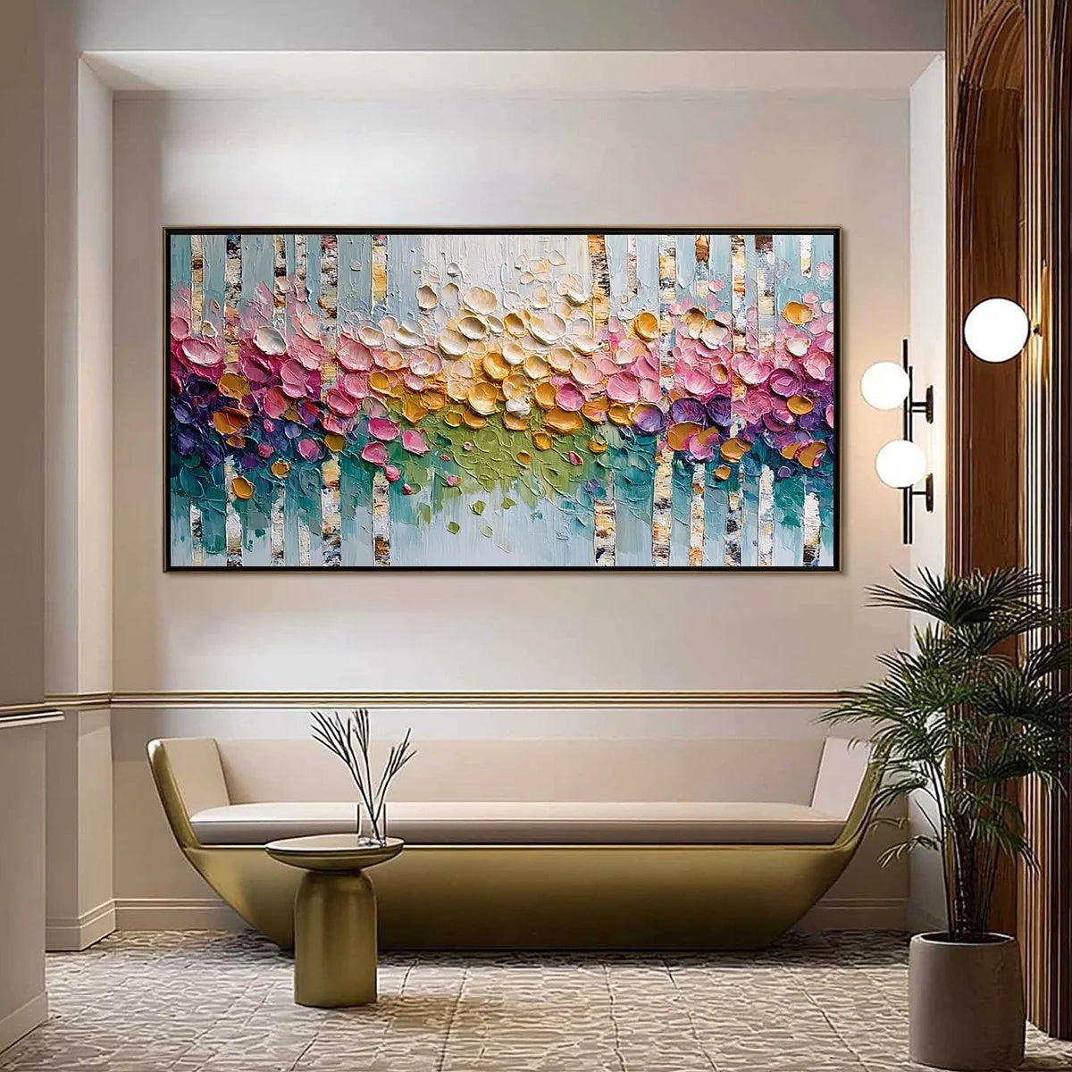 BLOSSOMING BIRCH: Colorful Impasto Birch Tree Forest Palette Knife Painting | impasto closeup, raised brushwork detail