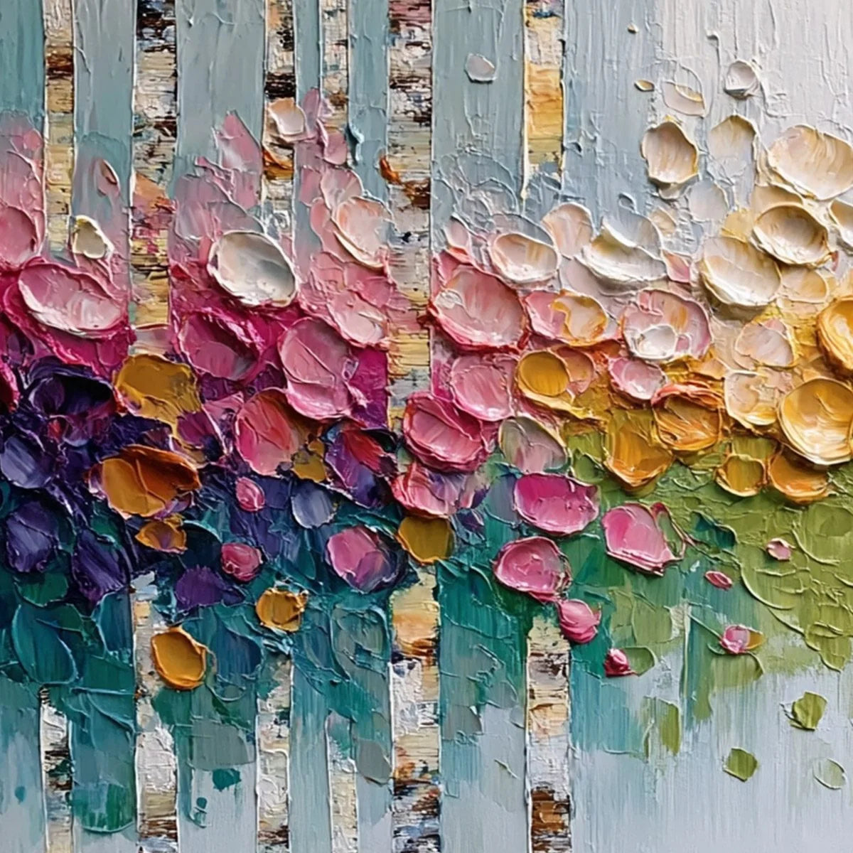 BLOSSOMING BIRCH: Colorful Impasto Birch Tree Forest Palette Knife Painting | rectangular format, hand-painted canvas edge