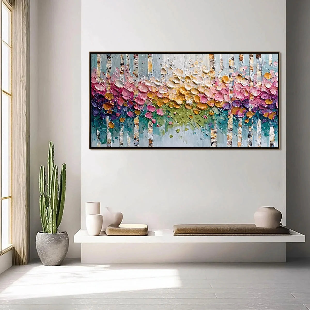 BLOSSOMING BIRCH: Colorful Impasto Birch Tree Forest Palette Knife Painting | gold frame stretched on neutral wall