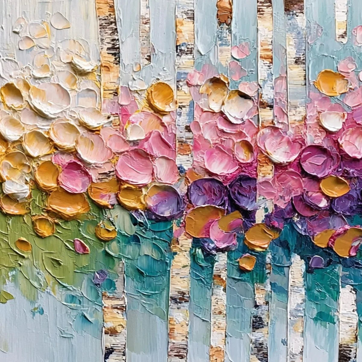 BLOSSOMING BIRCH: Colorful Impasto Birch Tree Forest Palette Knife Painting | rolled canvas, ready for custom framing