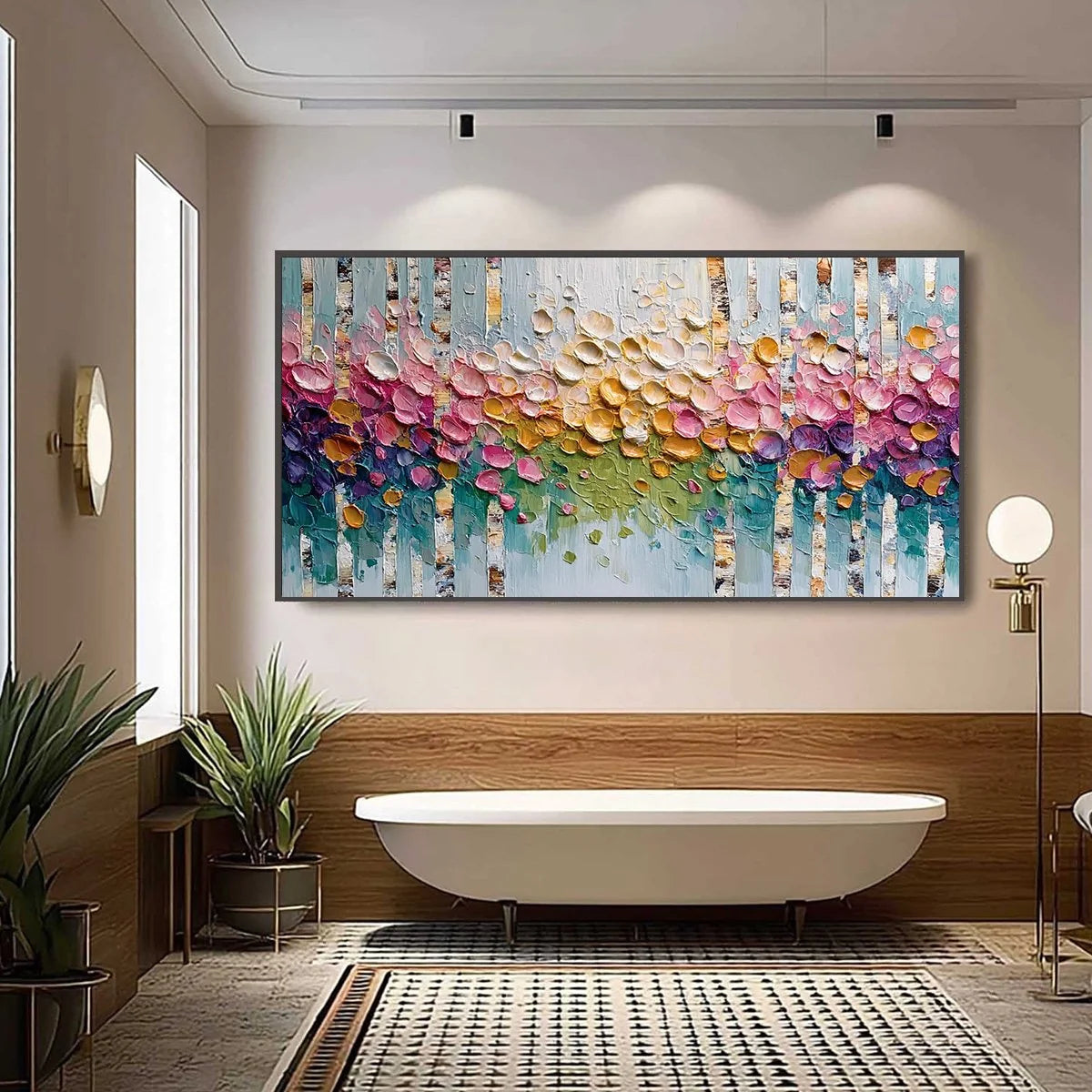 BLOSSOMING BIRCH: Colorful Impasto Birch Tree Forest Palette Knife Painting | black frame version on white wall