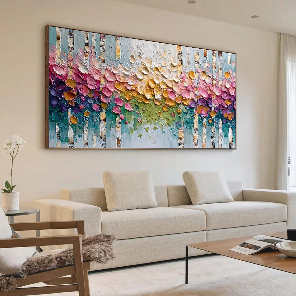 BLOSSOMING BIRCH: Colorful Impasto Birch Tree Forest Palette Knife Painting | impasto mood, soft natural light studio shot