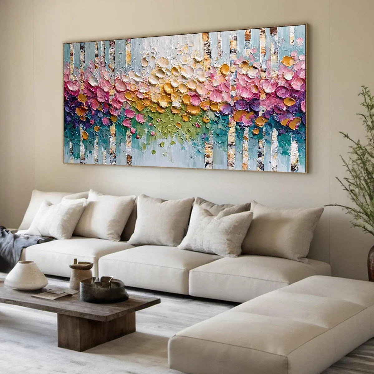BLOSSOMING BIRCH: Colorful Impasto Birch Tree Forest Palette Knife Painting | colorful palette, original bedroom art
