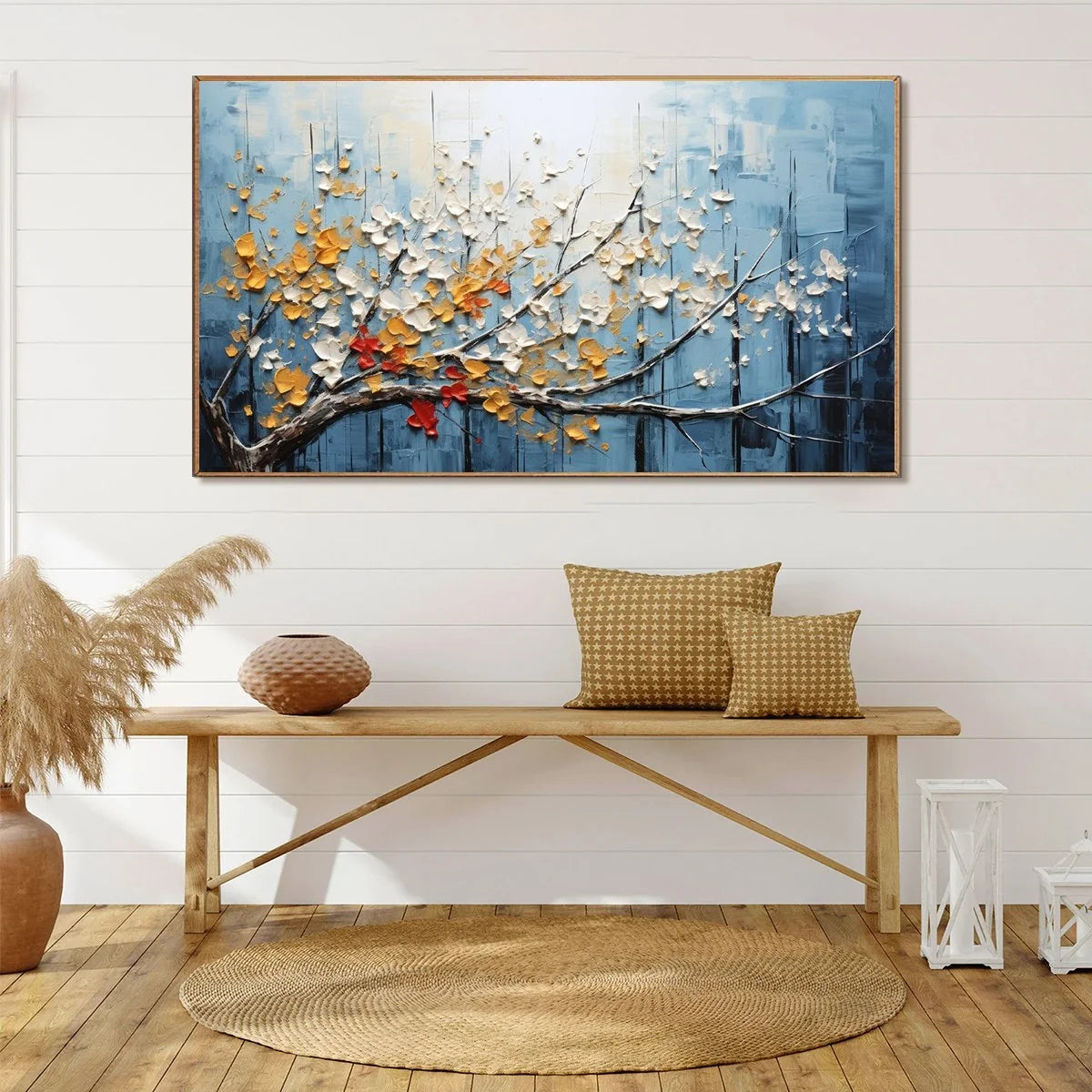 BLOSSOMING BRANCH: Textured Floral Oil Painting | gold frame stretched on neutral wall