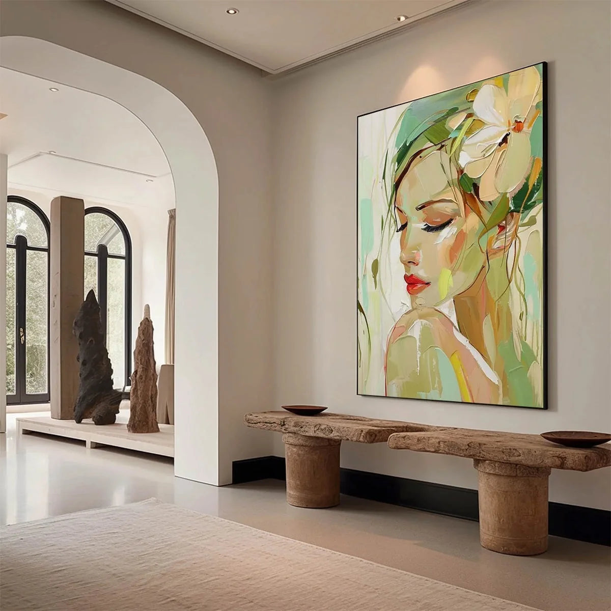 BLOSSOMING SERENITY: Impressionistic Floral Portrait | gold frame stretched on neutral wall
