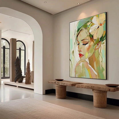 BLOSSOMING SERENITY: Impressionistic Floral Portrait | gold frame stretched on neutral wall