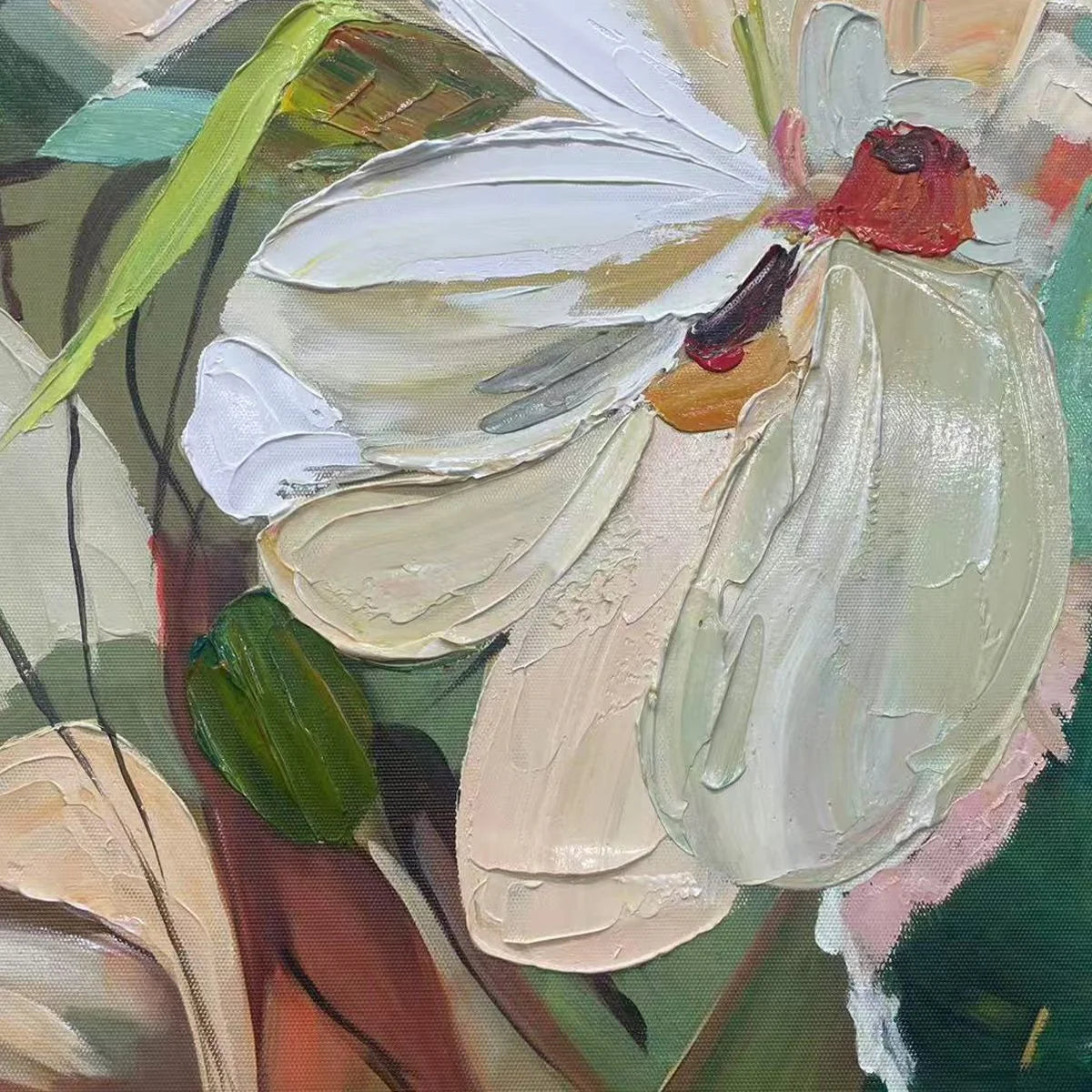 BLOSSOMING SERENITY: Impressionistic Floral Portrait | black frame version on white wall