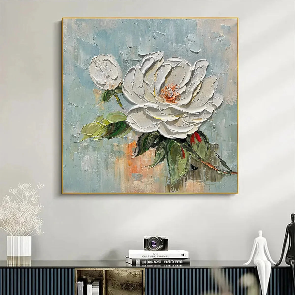 BLOSSOMS GRACE: Textured Impasto Magnolia Painting | gold frame stretched on neutral wall