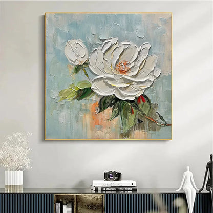 BLOSSOMS GRACE: Textured Impasto Magnolia Painting | gold frame stretched on neutral wall