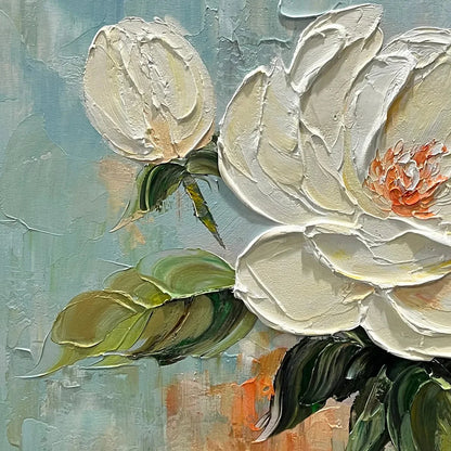 BLOSSOMS GRACE: Textured Impasto Magnolia Painting | black frame version on white wall