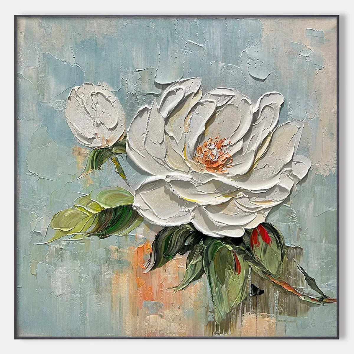 BLOSSOMS GRACE: Textured Impasto Magnolia Painting | hanging in living room, textured impasto wall art