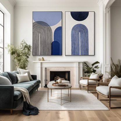 Blue Abstract Geometric Painting Set: Modern Organic Canvas Art #2