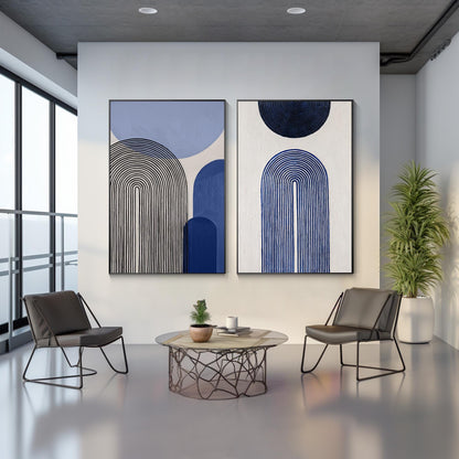 Blue Abstract Geometric Painting Set: Modern Organic Canvas Art #3