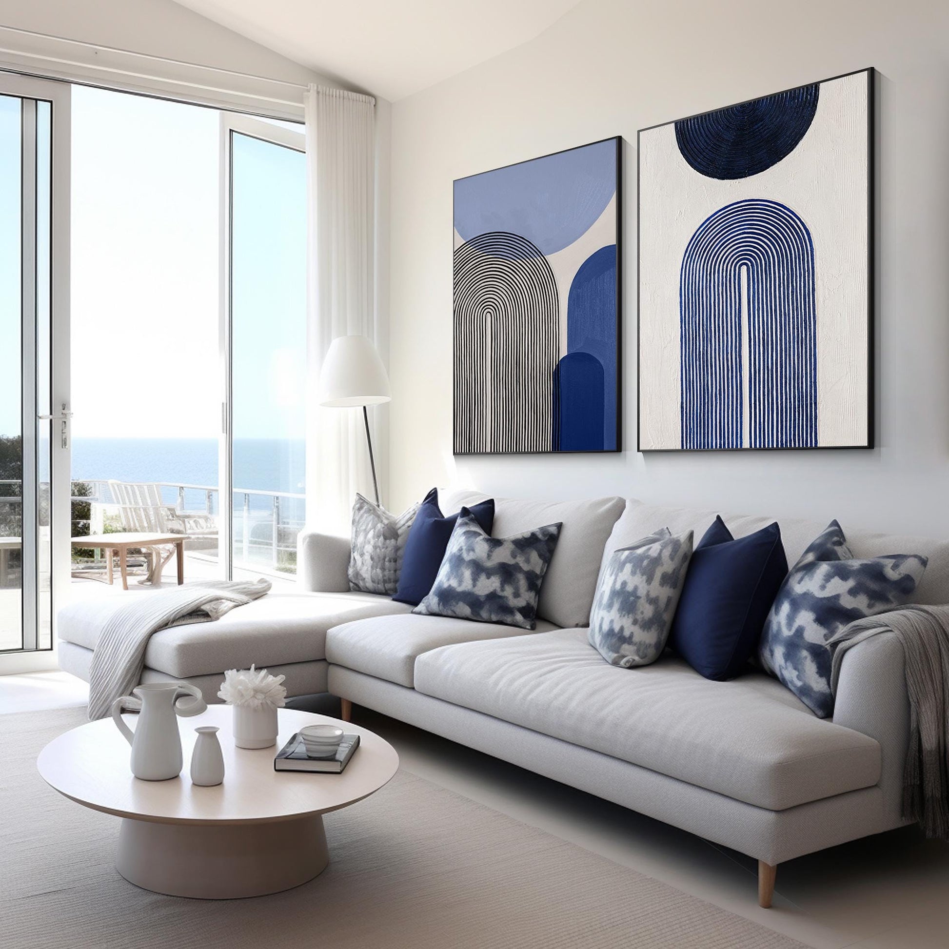Blue Abstract Geometric Painting Set: Modern Organic Canvas Art #4