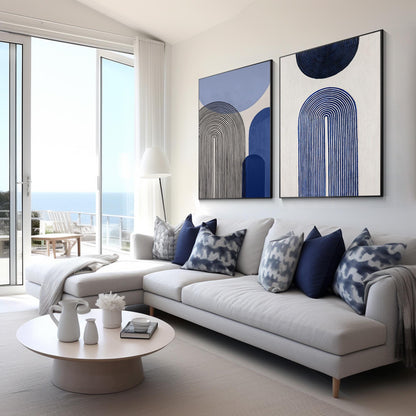 Blue Abstract Geometric Painting Set: Modern Organic Canvas Art #4