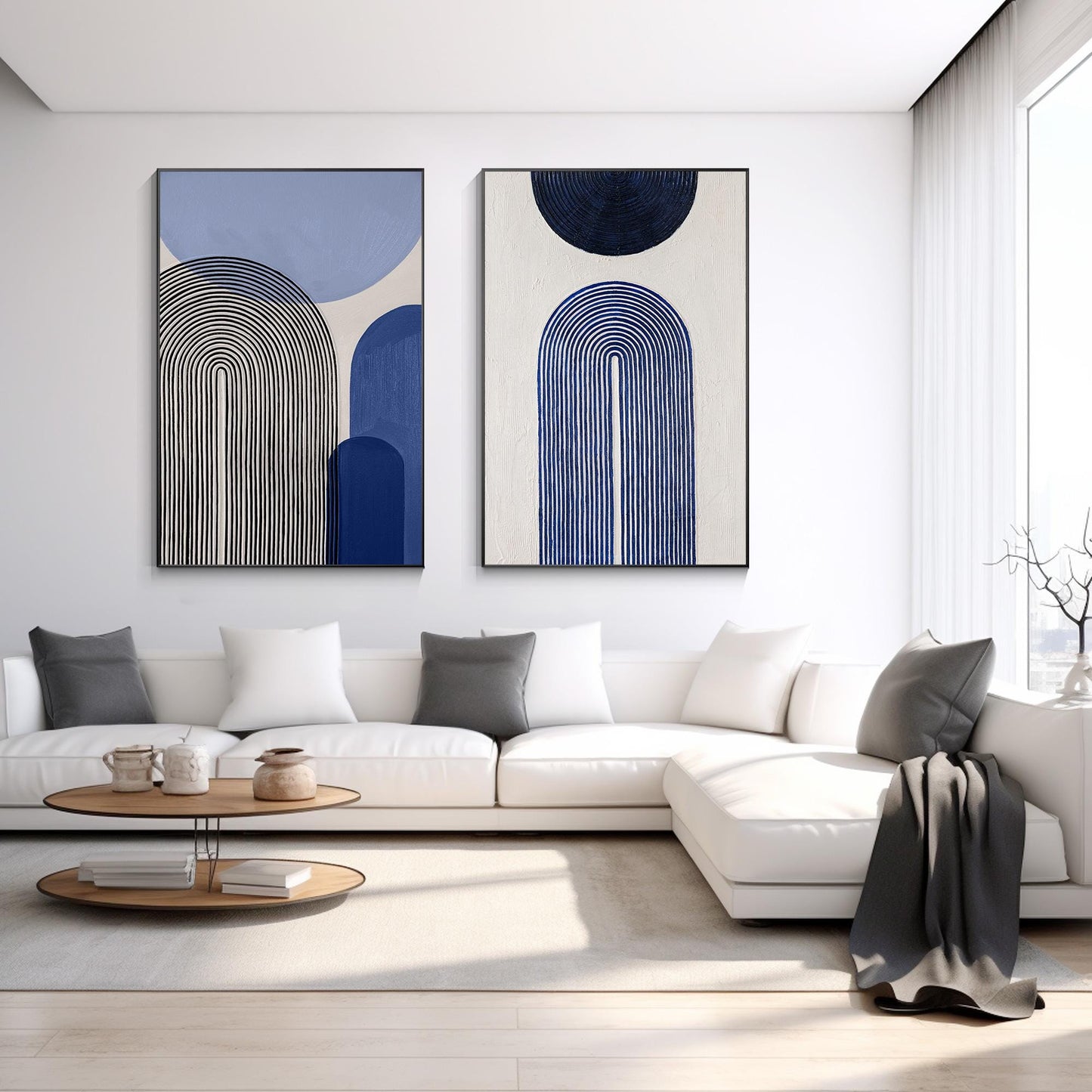 Blue Abstract Geometric Painting Set: Modern Organic Canvas Art #5