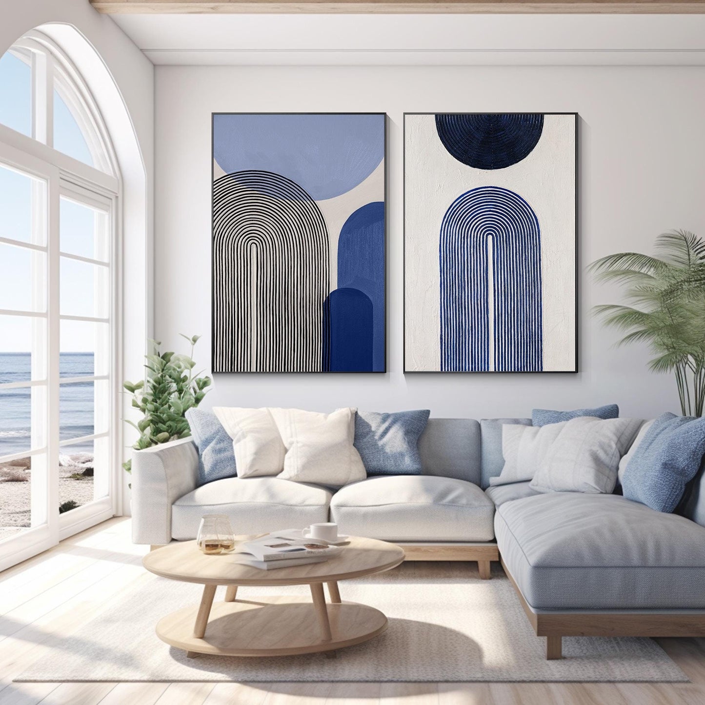 Blue Abstract Geometric Painting Set: Modern Organic Canvas Art #1