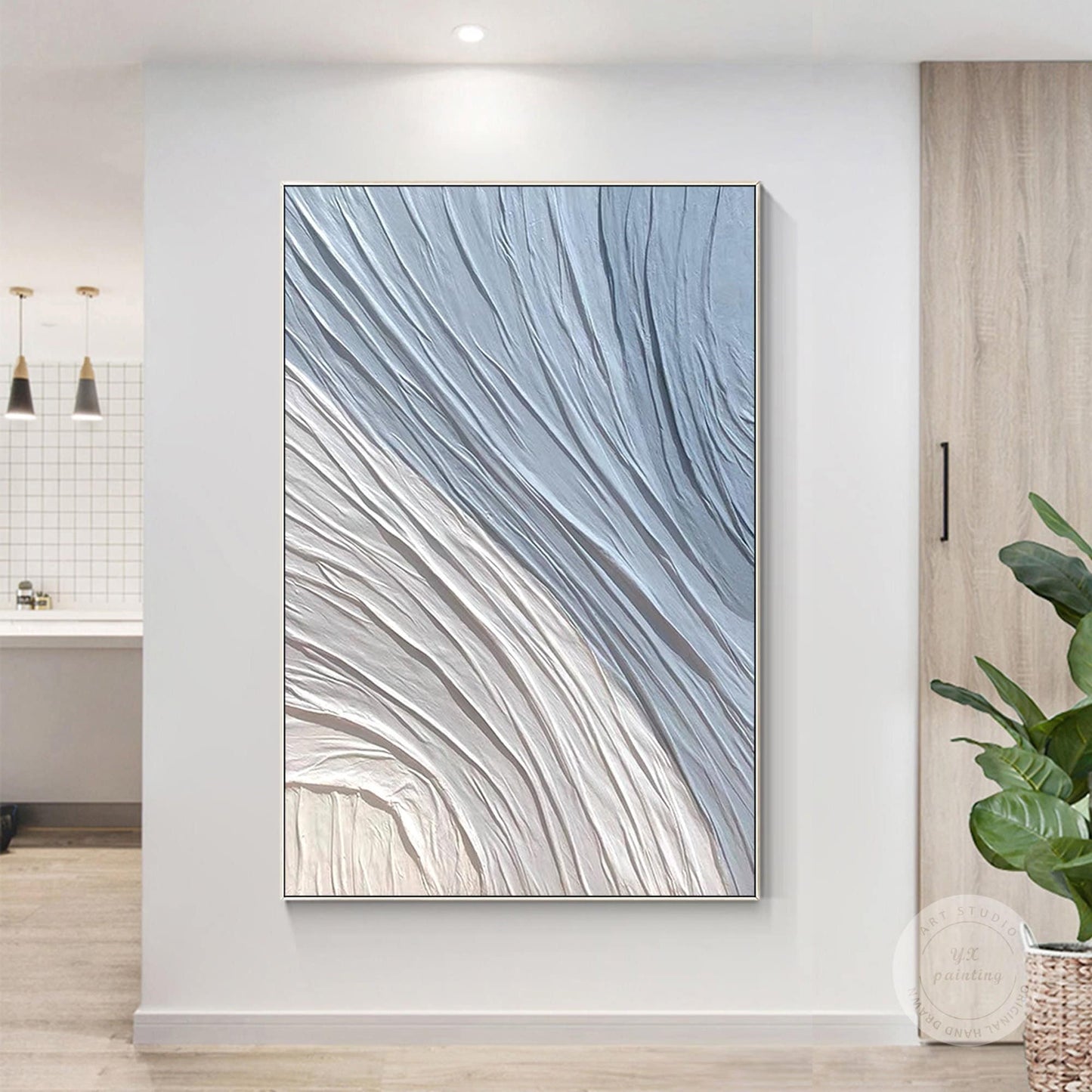 Blue Abstract Painting: 3D Textured Plaster, Ocean Waves Art #4