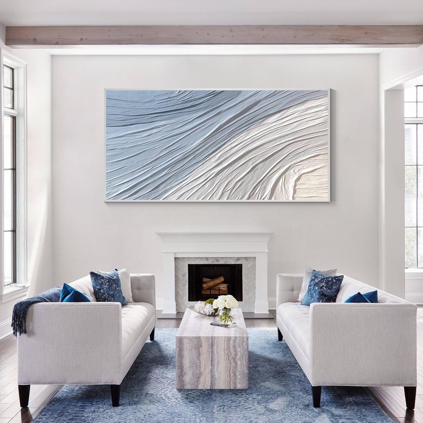Blue Abstract Painting: 3D Textured Plaster, Ocean Waves Art #5