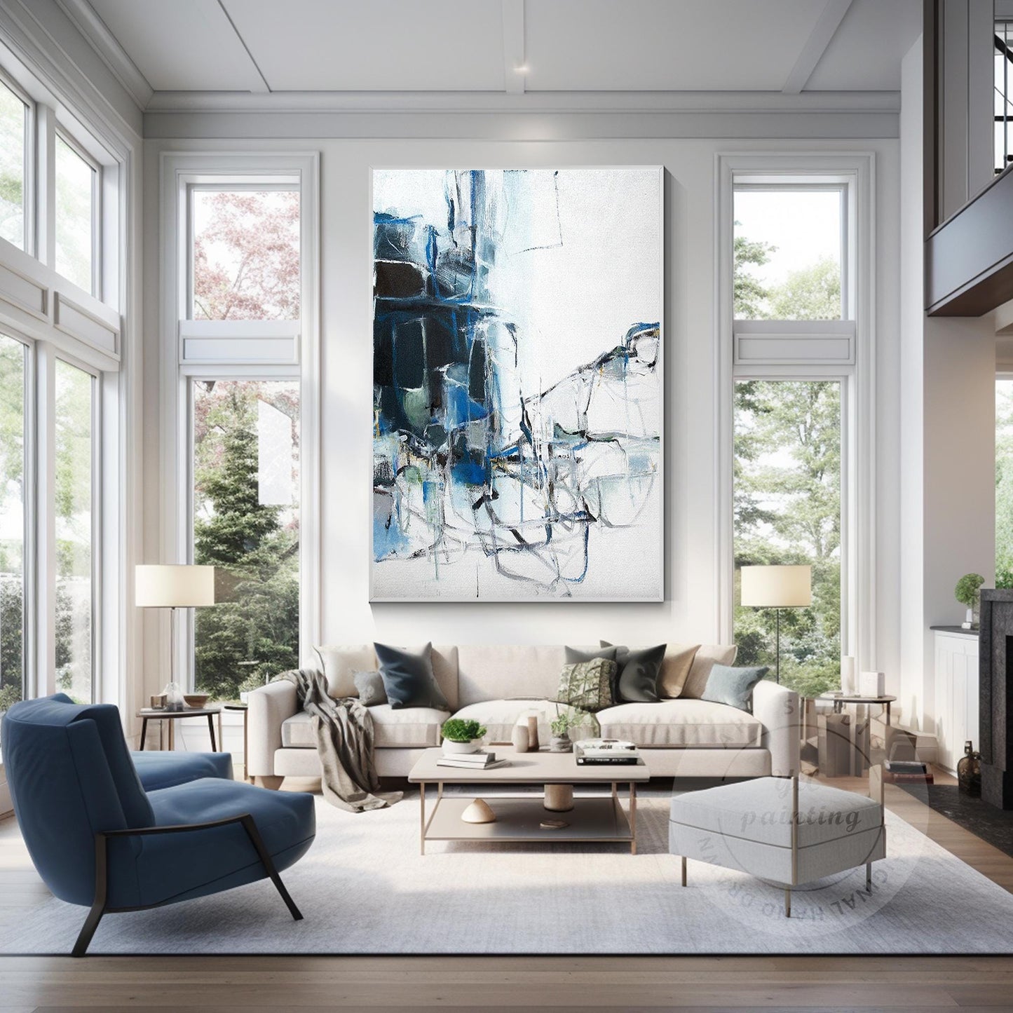 Blue Abstract Painting on Canvas: Extra Large Framed Textured Wall Art #2