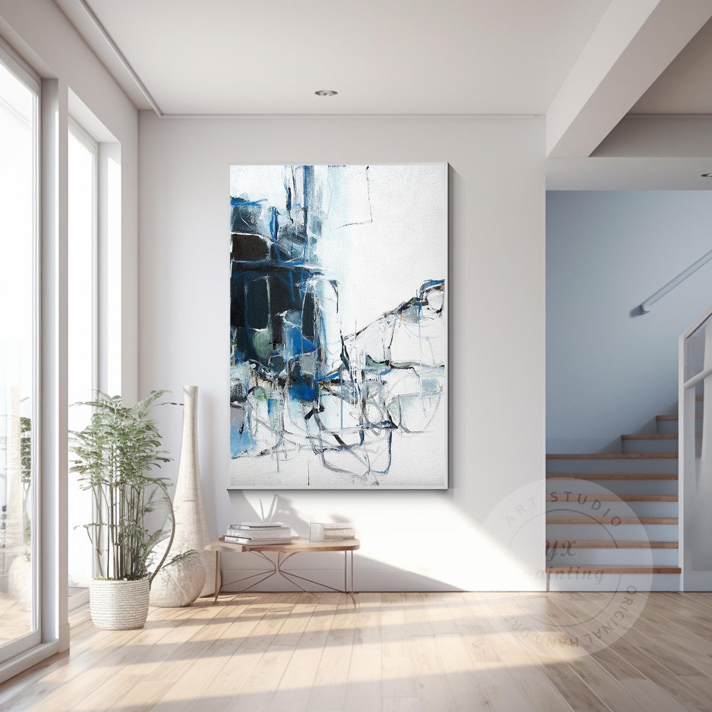 Blue Abstract Painting on Canvas: Extra Large Framed Textured Wall Art #3