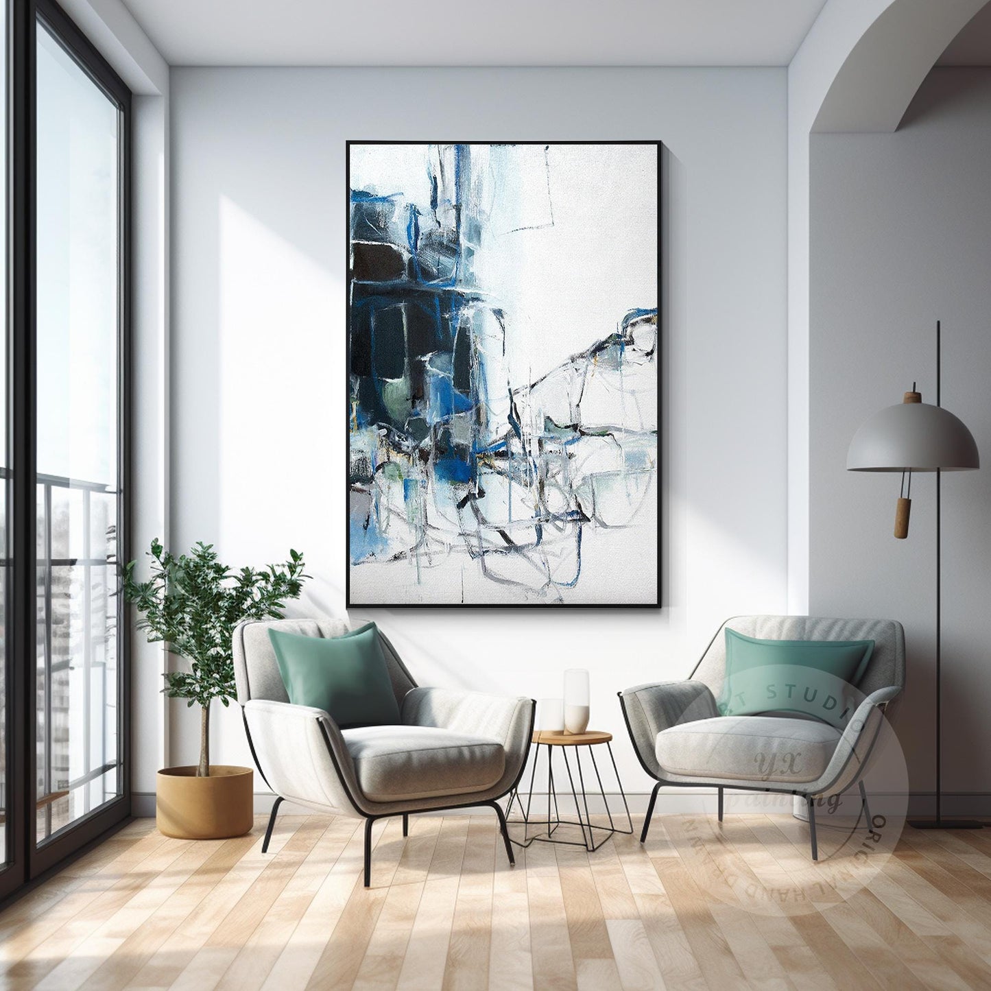 Blue Abstract Painting on Canvas: Extra Large Framed Textured Wall Art #5