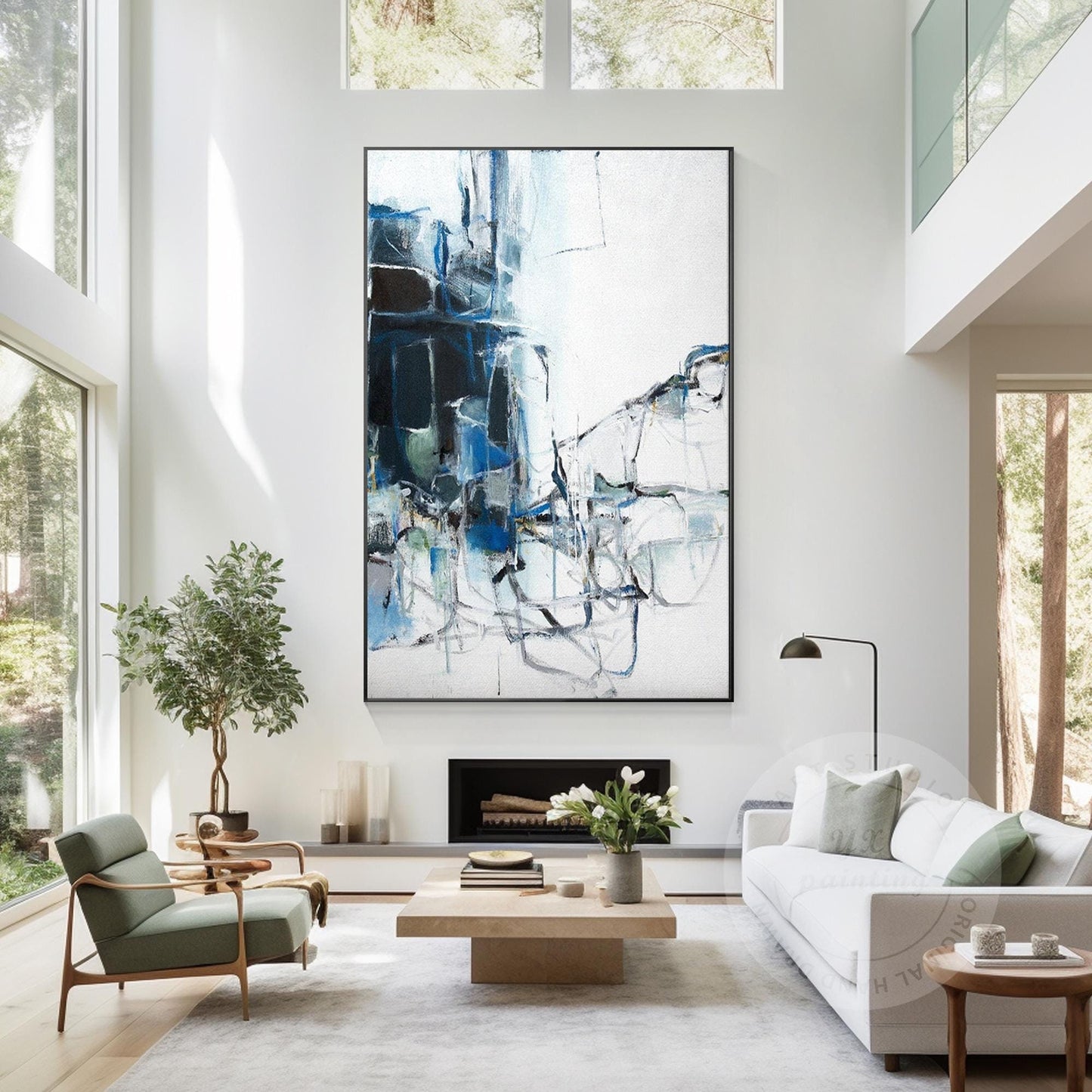 Blue Abstract Painting on Canvas: Extra Large Framed Textured Wall Art #1
