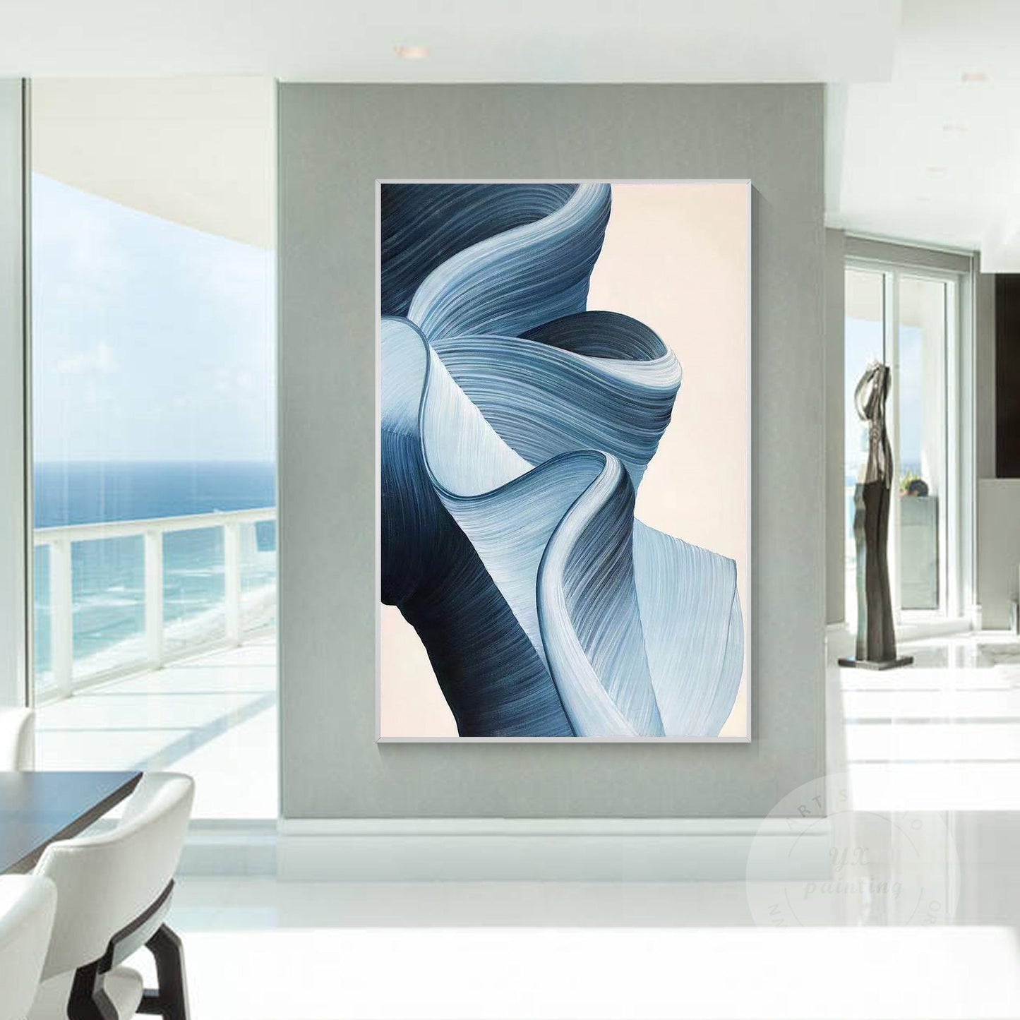 Blue Abstract Ribbon Wall Art, 3D Texture Acrylic Canvas Painting, Luxury Modern #2