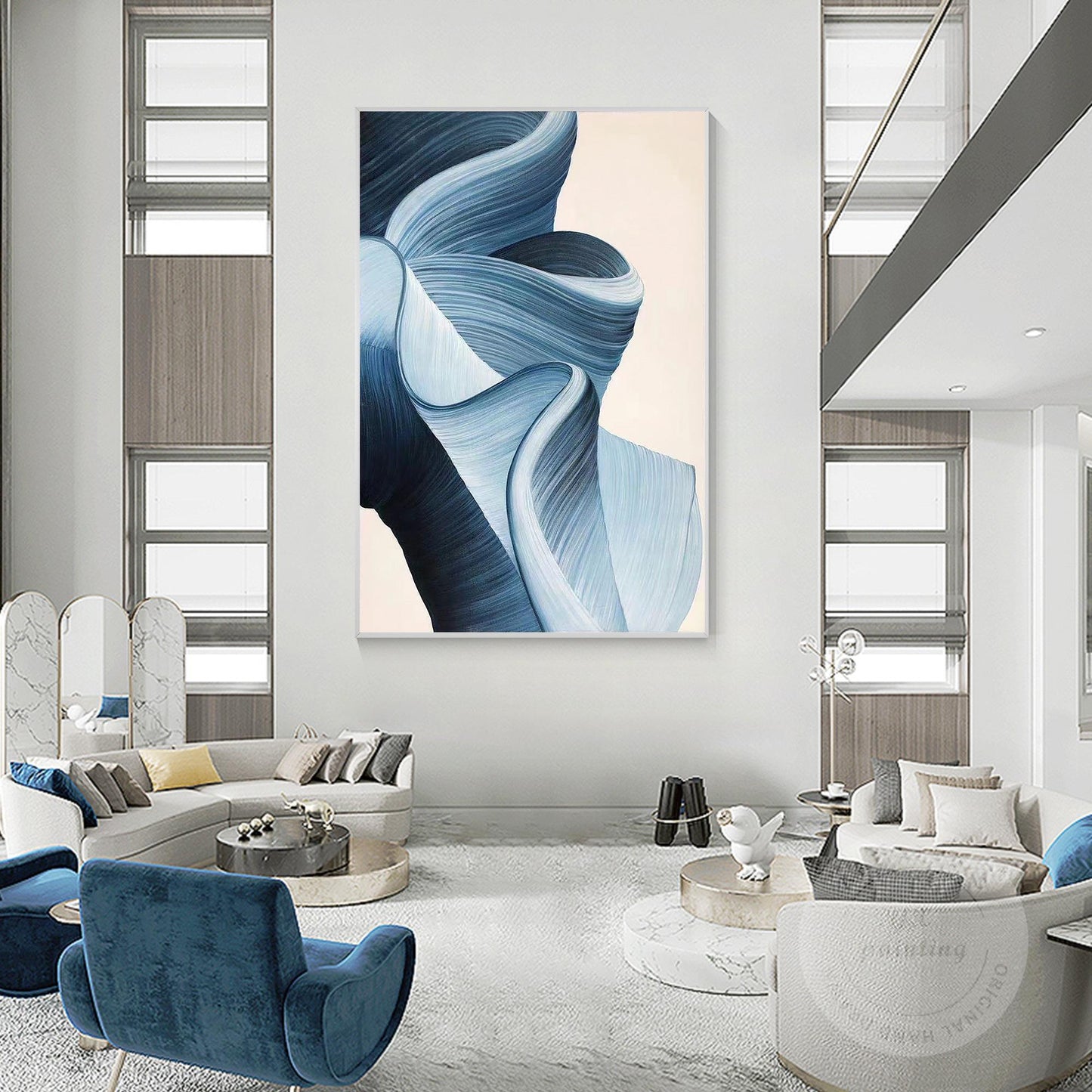 Blue Abstract Ribbon Wall Art, 3D Texture Acrylic Canvas Painting, Luxury Modern #3