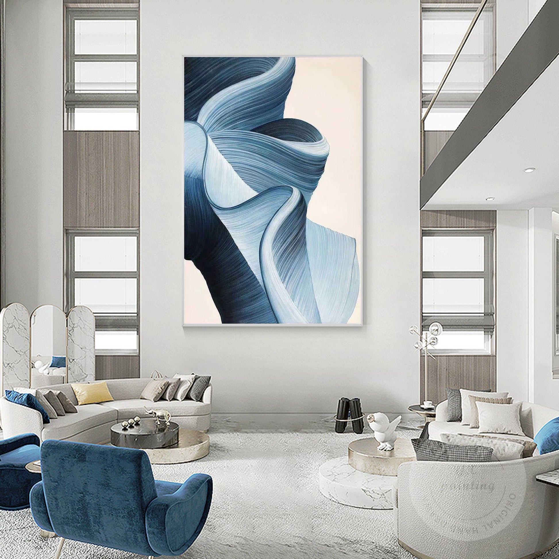 Blue Abstract Ribbon Wall Art, 3D Texture Acrylic Canvas Painting, Luxury Modern #3
