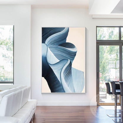Blue Abstract Ribbon Wall Art, 3D Texture Acrylic Canvas Painting, Luxury Modern #4