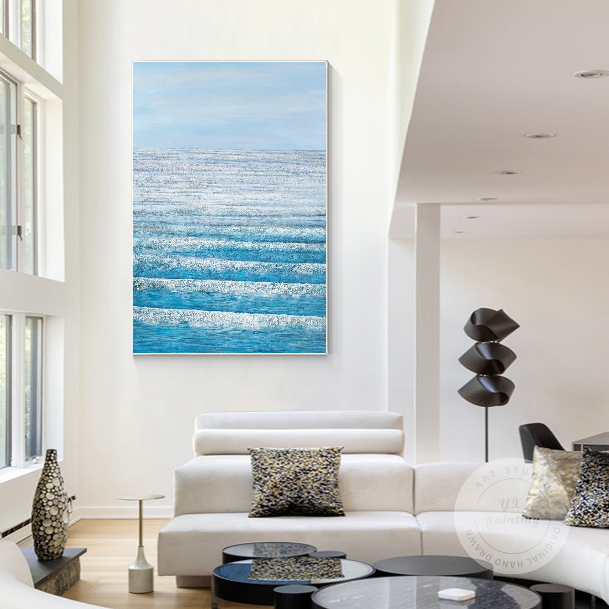 Blue Abstract Seascape Painting: Textured Ocean Canvas Wall Art #3