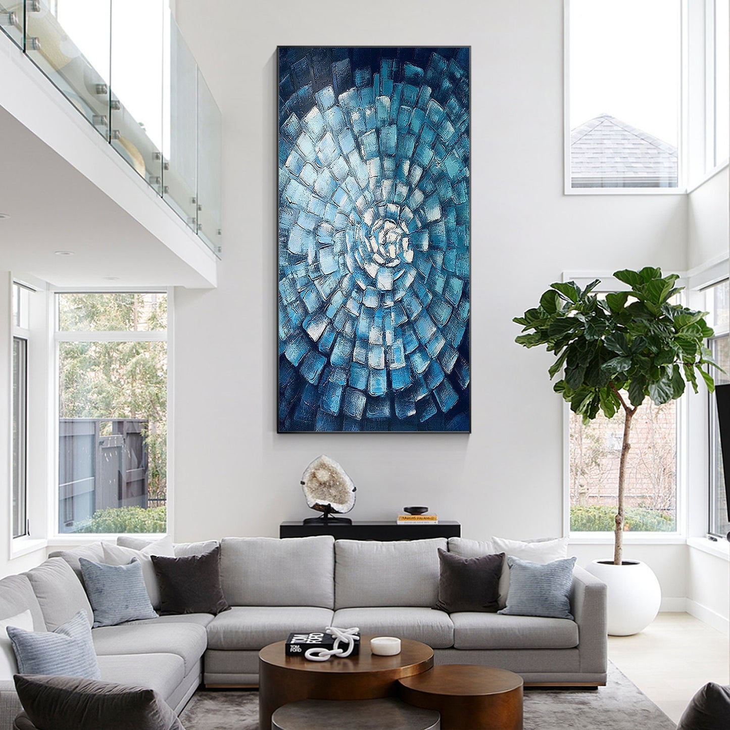Blue Abstract Texture Wall Art Original Painting on Canvas, Geometric Painting V #4