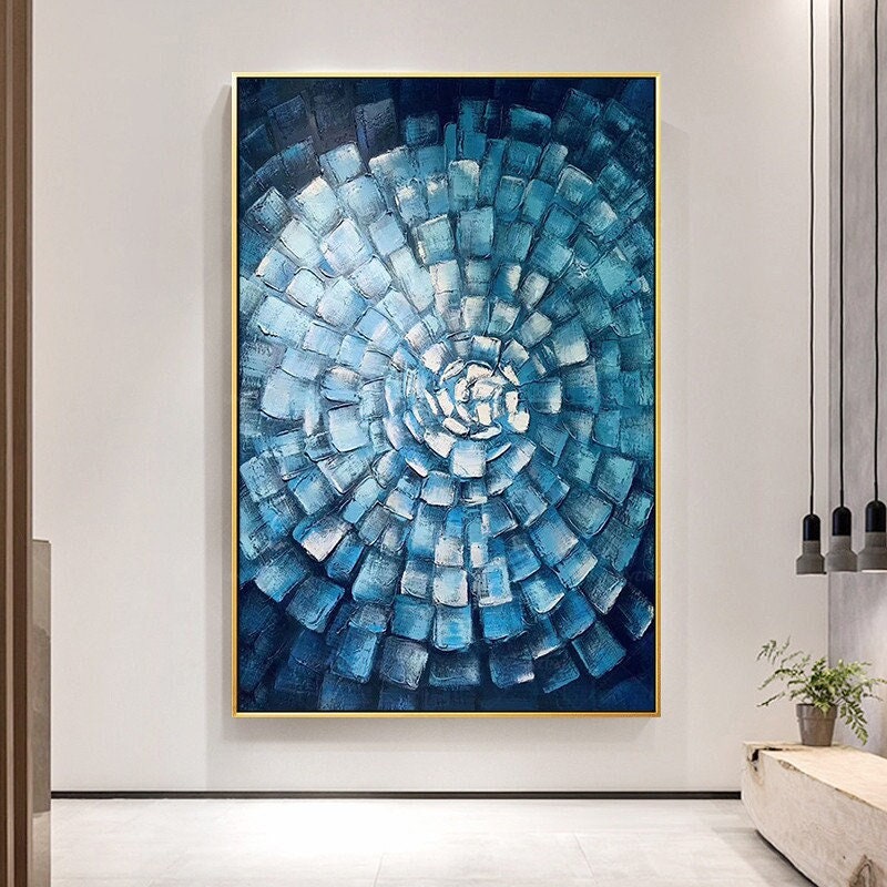Blue Abstract Texture Wall Art Original Painting on Canvas, Geometric Painting V #5