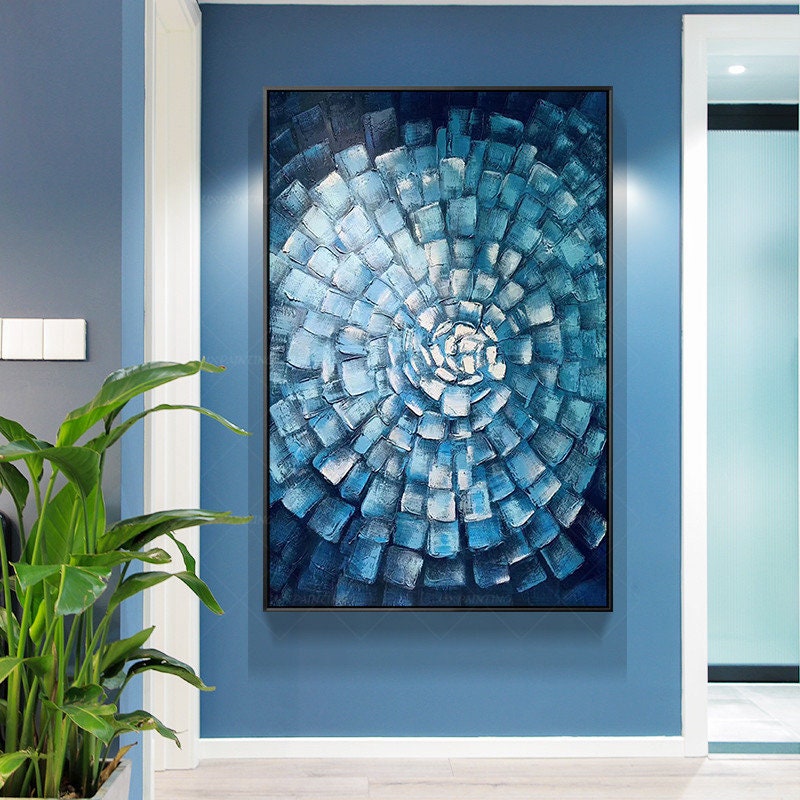 Blue Abstract Texture Wall Art Original Painting on Canvas, Geometric Painting V #6