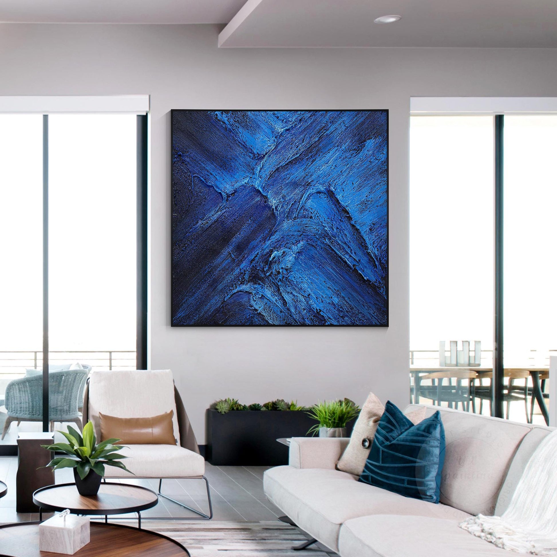 Blue Abstract Textured Painting: Flowing Water Canvas Wall Art #3