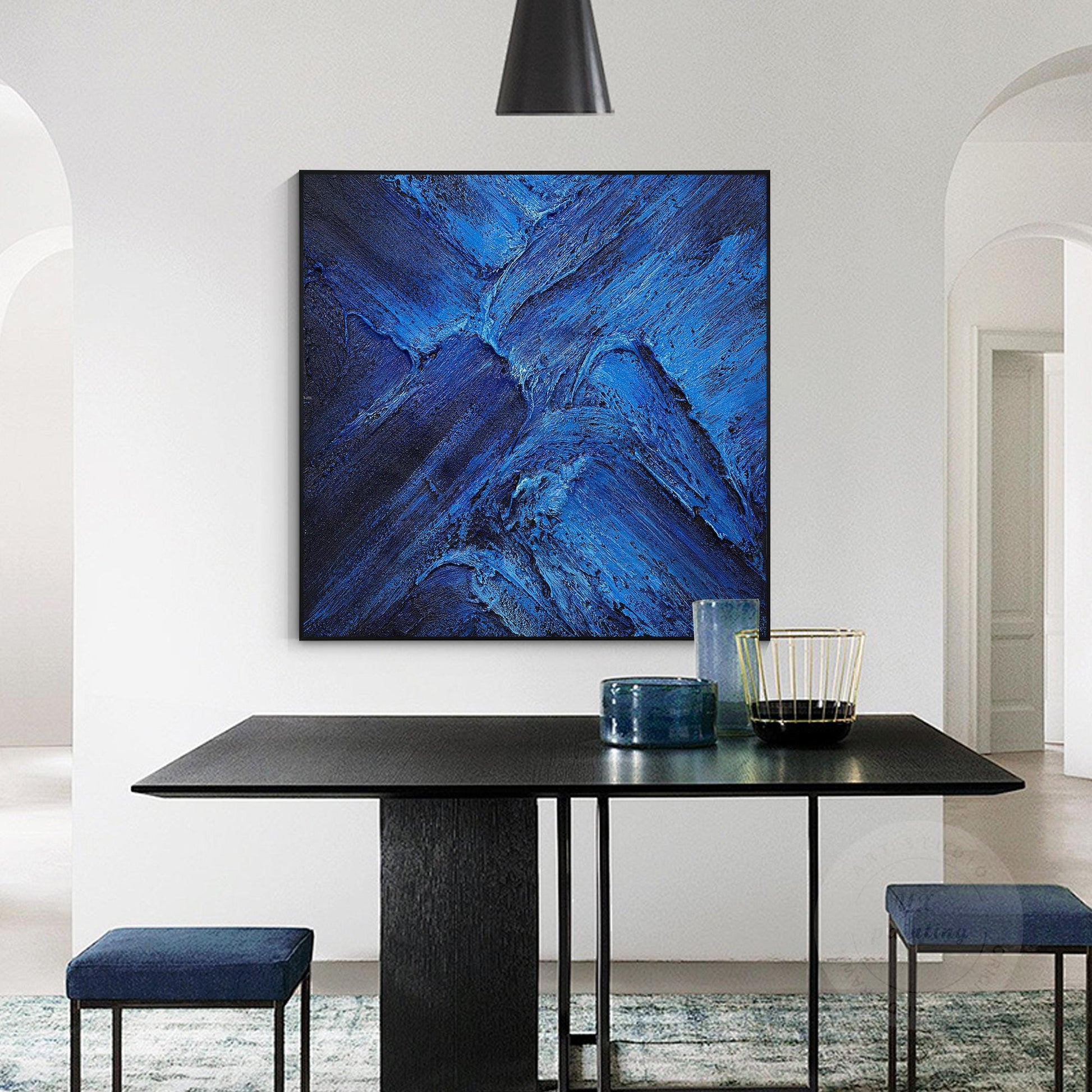 Blue Abstract Textured Painting: Flowing Water Canvas Wall Art #4